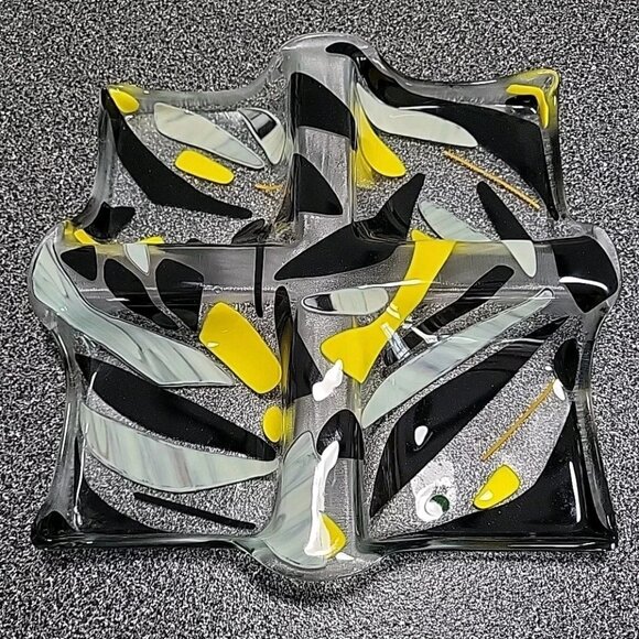Art Glass Divided Section Dish Tray Abstract Clear Yellow Black - Picture 1 of 8